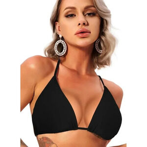 Women Black Bikini Top Halter Strappy Bikini Femme Bathing Suit Tops Swimwear